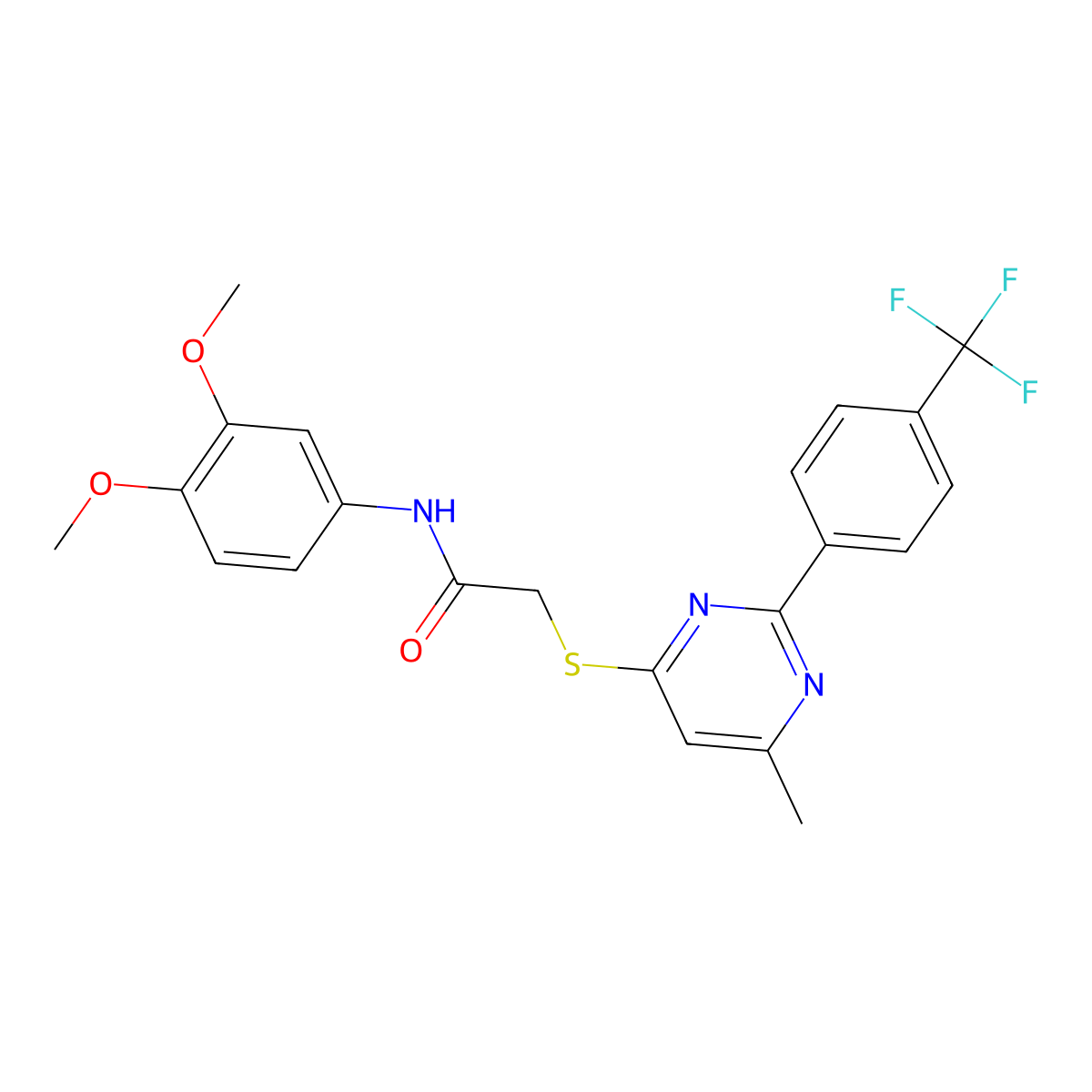 N-(3,4-dimethoxyphenyl)-2-((6-methyl-2-(4-(trifluoromethyl)phenyl)pyrimidin-4-yl)thio)acetamide molecular structure, CAS 1215673-90-7
