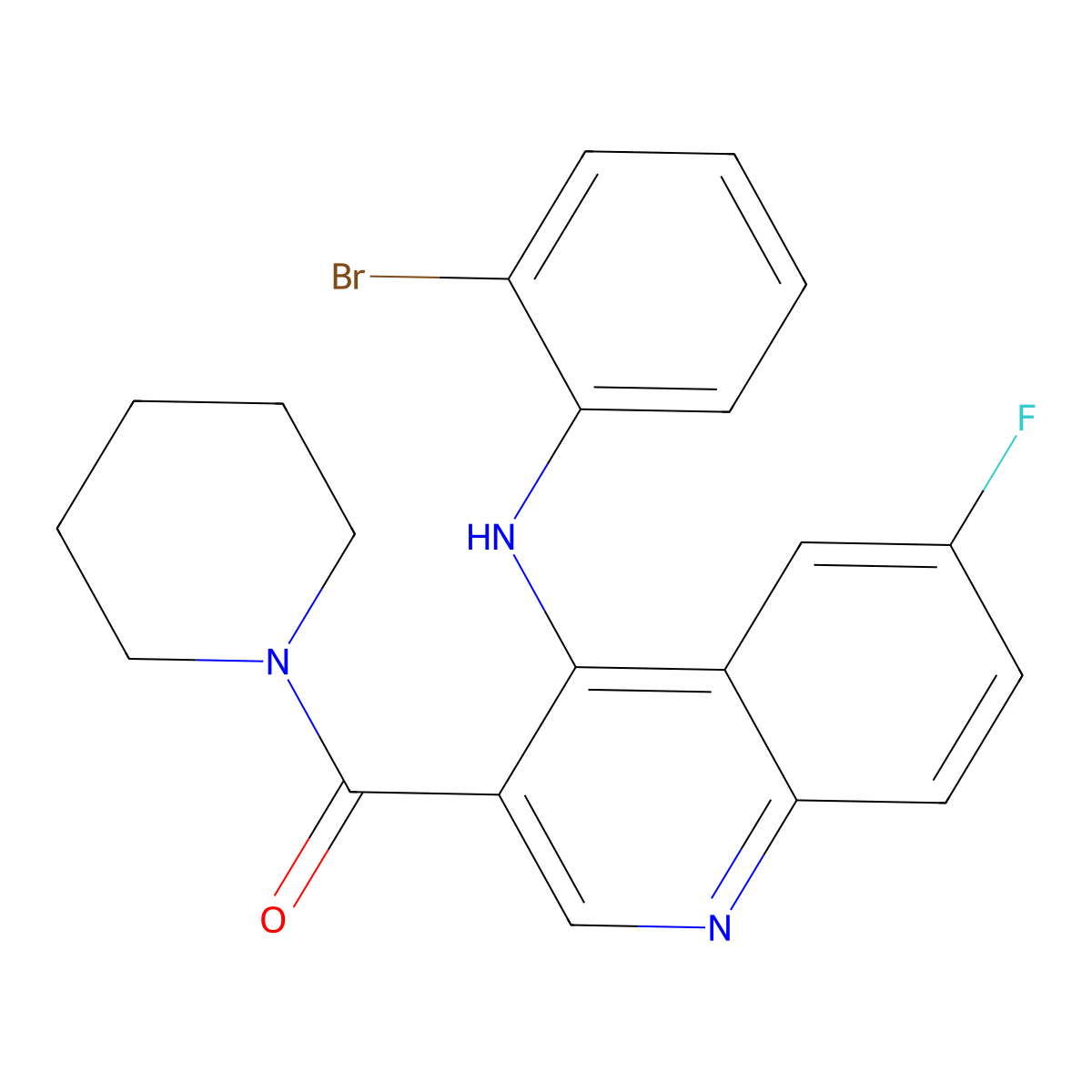 (4-((2-Bromophenyl)amino)-6-fluoroquinolin-3-yl)(piperidin-1-yl)methanone molecular structure, CAS 1215675-45-8
