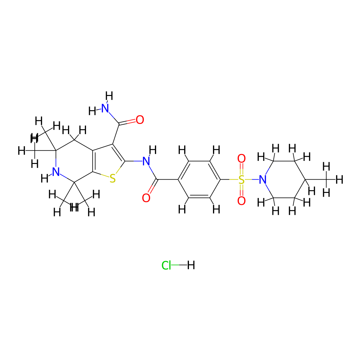 5,5,7,7-Tetramethyl-2-(4-((4-methylpiperidin-1-yl)sulfonyl)benzamido)-4,5,6,7-tetrahydrothieno[2,3-c]pyridine-3-carboxamide hydrochloride molecular structure, CAS 1215678-03-7