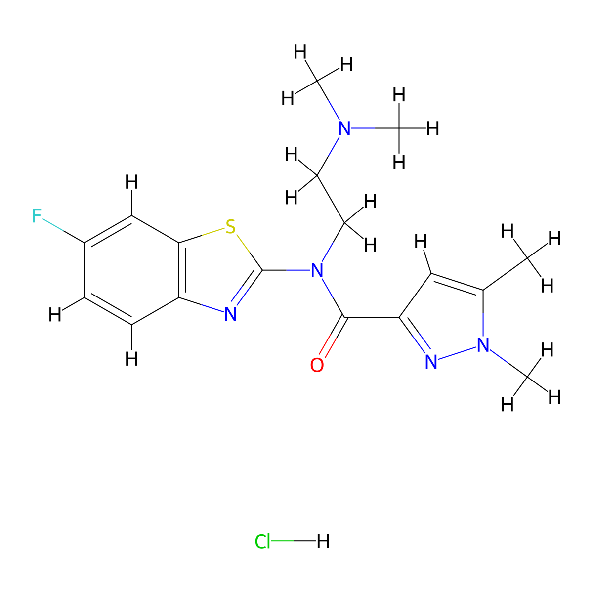 N-[2-(dimethylamino)ethyl]-N-(6-fluoro-1,3-benzothiazol-2-yl)-1,5-dimethyl-1H-pyrazole-3-carboxamide hydrochloride molecular structure, CAS 1215679-65-4