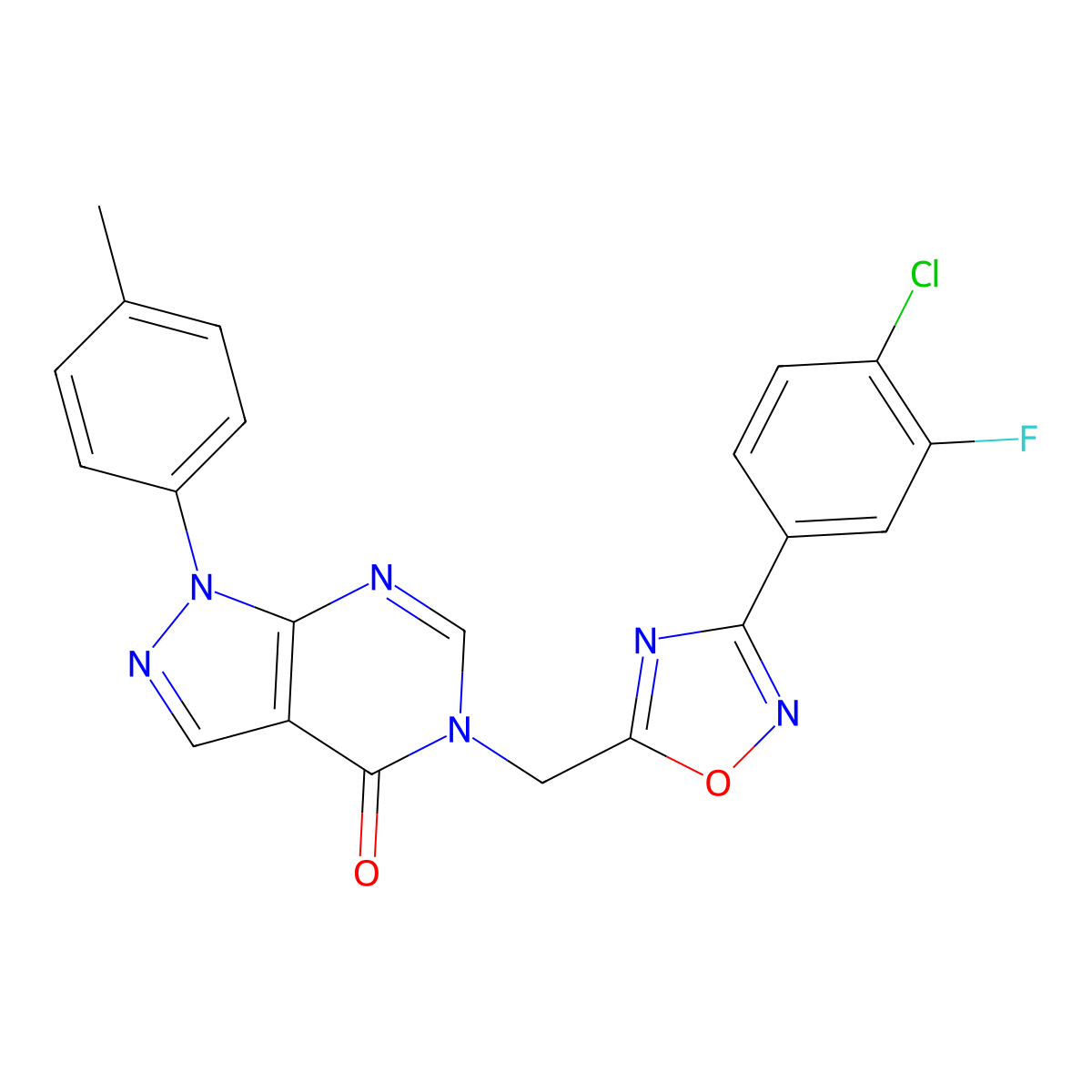 5-((3-(4-chloro-3-fluorophenyl)-1,2,4-oxadiazol-5-yl)methyl)-1-(p-tolyl)-1H-pyrazolo[3,4-d]pyrimidin-4(5H)-one molecular structure, CAS 1215680-29-7