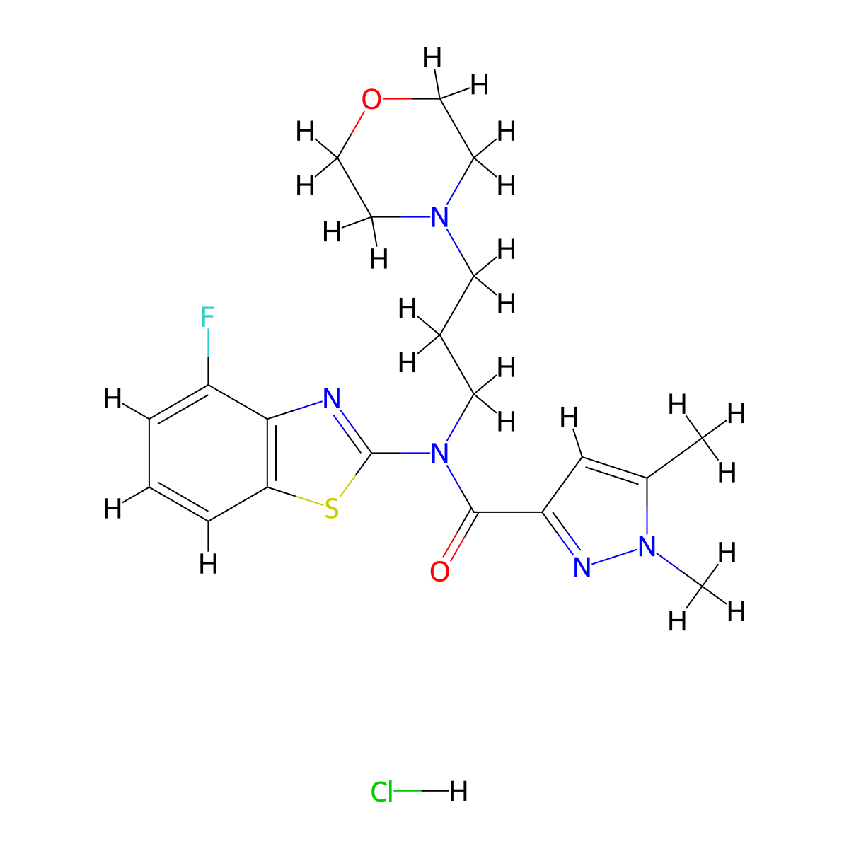 N-(4-fluorobenzo[d]thiazol-2-yl)-1,5-dimethyl-N-(3-morpholinopropyl)-1H-pyrazole-3-carboxamide hydrochloride molecular structure, CAS 1215690-07-5