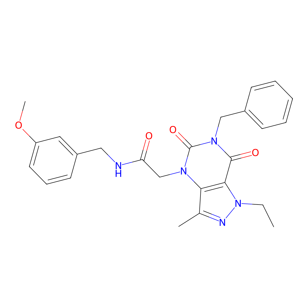 2-{6-benzyl-1-ethyl-3-methyl-5,7-dioxo-1H,4H,5H,6H,7H-pyrazolo[4,3-d]pyrimidin-4-yl}-N-[(3-methoxyphenyl)methyl]acetamide molecular structure, CAS 1215697-55-4