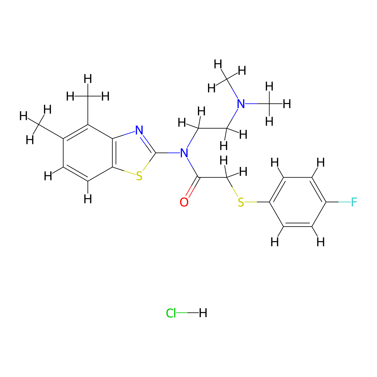 N-(2-(dimethylamino)ethyl)-N-(4,5-dimethylbenzo[d]thiazol-2-yl)-2-((4-fluorophenyl)thio)acetamide hydrochloride molecular structure, CAS 1215704-27-0