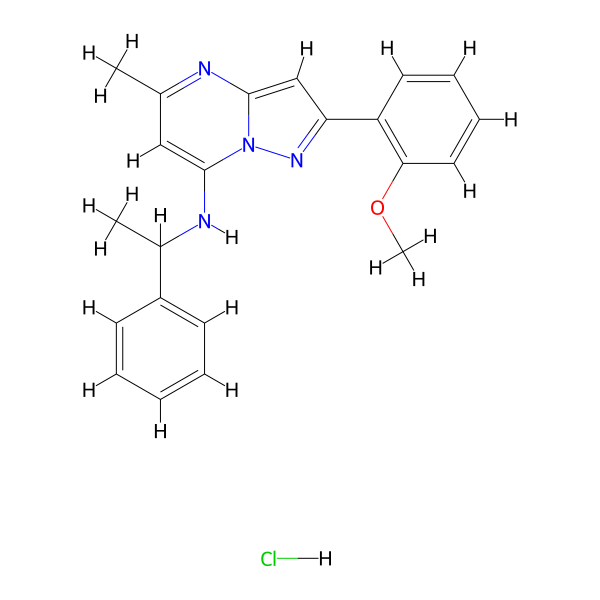 2-(2-methoxyphenyl)-5-methyl-N-(1-phenylethyl)pyrazolo[1,5-a]pyrimidin-7-amine hydrochloride molecular structure, CAS 1215704-67-8
