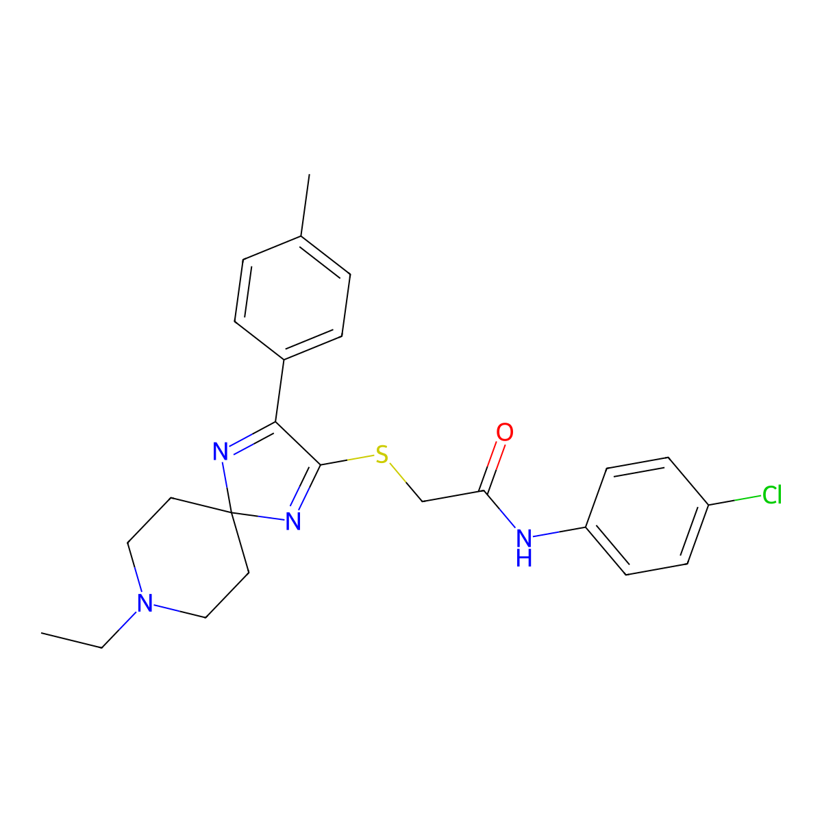 N-(4-chlorophenyl)-2-((8-ethyl-3-(p-tolyl)-1,4,8-triazaspiro[4.5]deca-1,3-dien-2-yl)thio)acetamide molecular structure, CAS 1215704-92-9