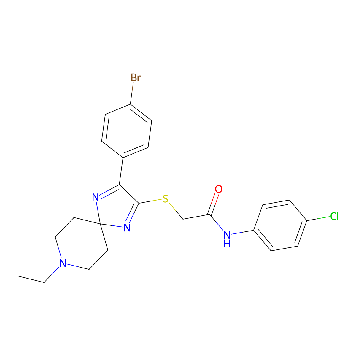 2-((3-(4-bromophenyl)-8-ethyl-1,4,8-triazaspiro[4.5]deca-1,3-dien-2-yl)thio)-N-(4-chlorophenyl)acetamide molecular structure, CAS 1215705-38-6