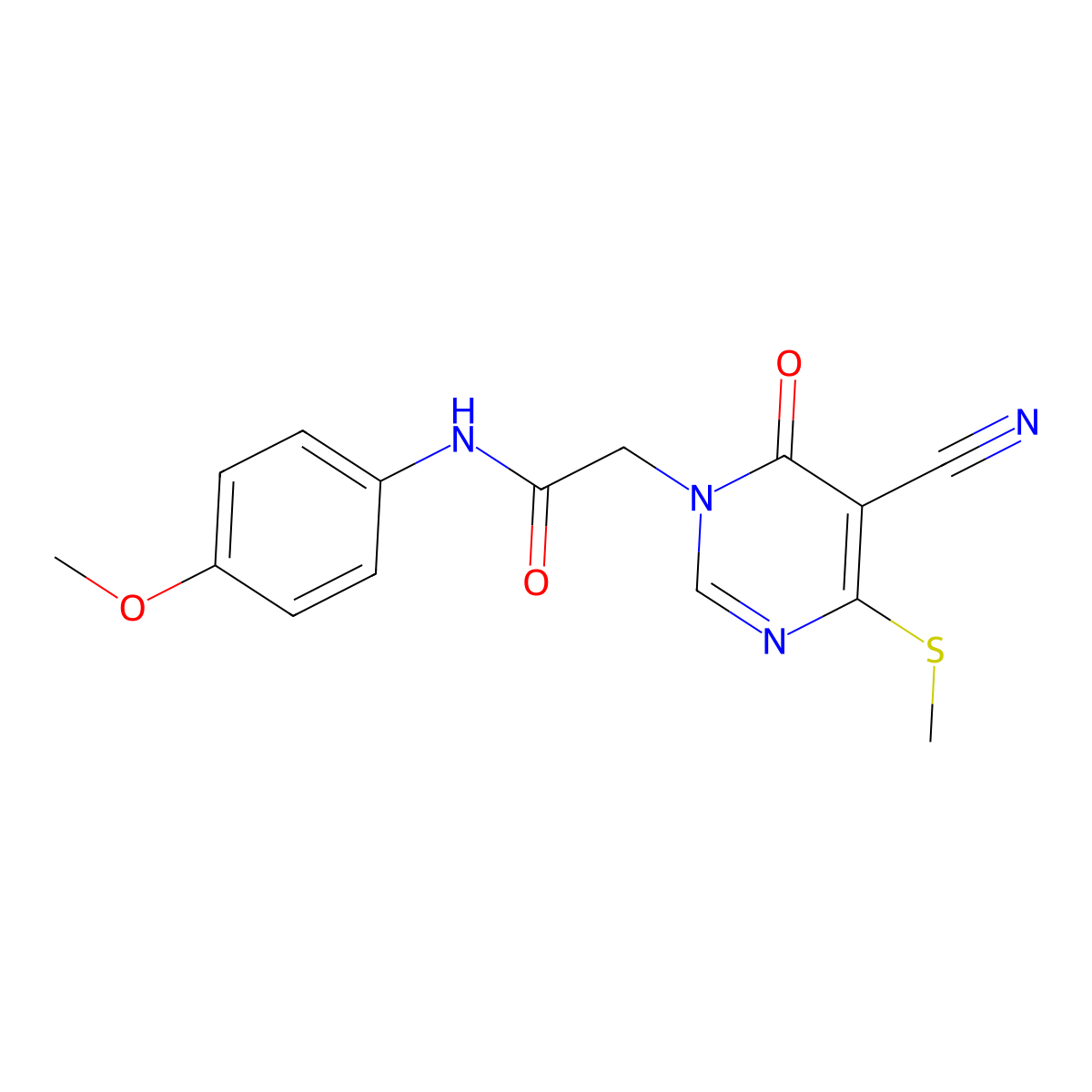 2-(5-cyano-4-(methylthio)-6-oxopyrimidin-1(6H)-yl)-N-(4-methoxyphenyl)acetamide molecular structure, CAS 1215707-86-0