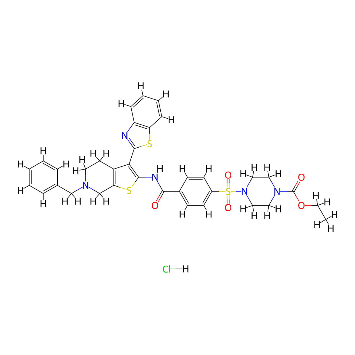 Ethyl 4-((4-((3-(benzo[d]thiazol-2-yl)-6-benzyl-4,5,6,7-tetrahydrothieno[2,3-c]pyridin-2-yl)carbamoyl)phenyl)sulfonyl)piperazine-1-carboxylate hydrochloride molecular structure, CAS 1215708-71-6