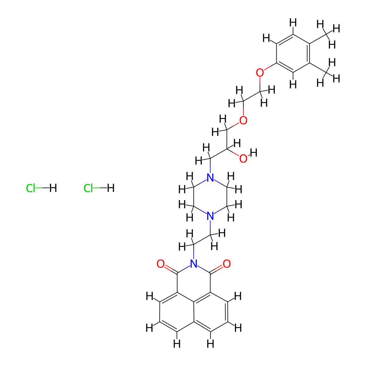 2-(2-(4-(3-(2-(3,4-dimethylphenoxy)ethoxy)-2-hydroxypropyl)piperazin-1-yl)ethyl)-1H-benzo[de]isoquinoline-1,3(2H)-dione dihydrochloride molecular structure, CAS 1215717-84-2