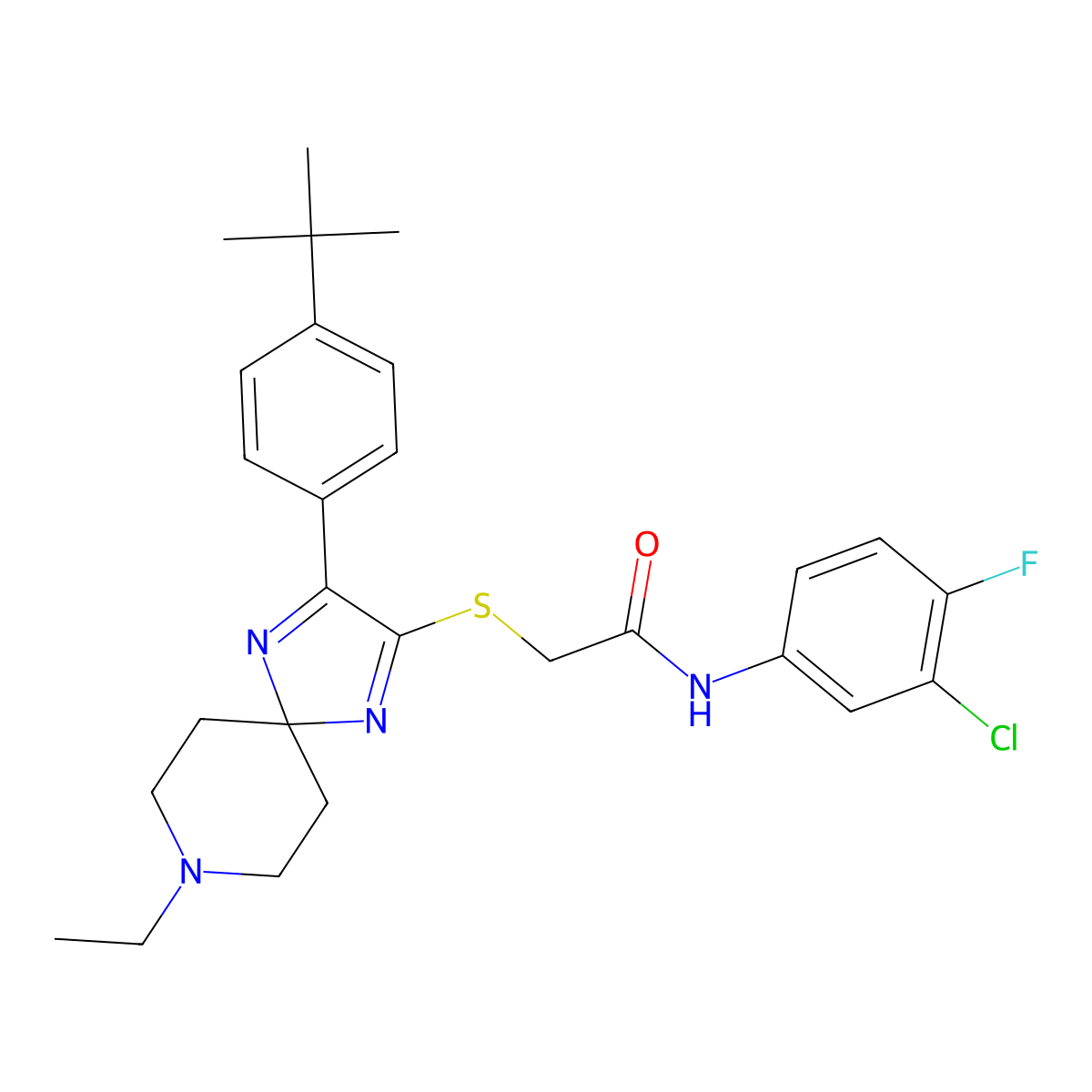 2-{[3-(4-tert-butylphenyl)-8-ethyl-1,4,8-triazaspiro[4.5]deca-1,3-dien-2-yl]sulfanyl}-N-(3-chloro-4-fluorophenyl)acetamide molecular structure, CAS 1215719-41-7