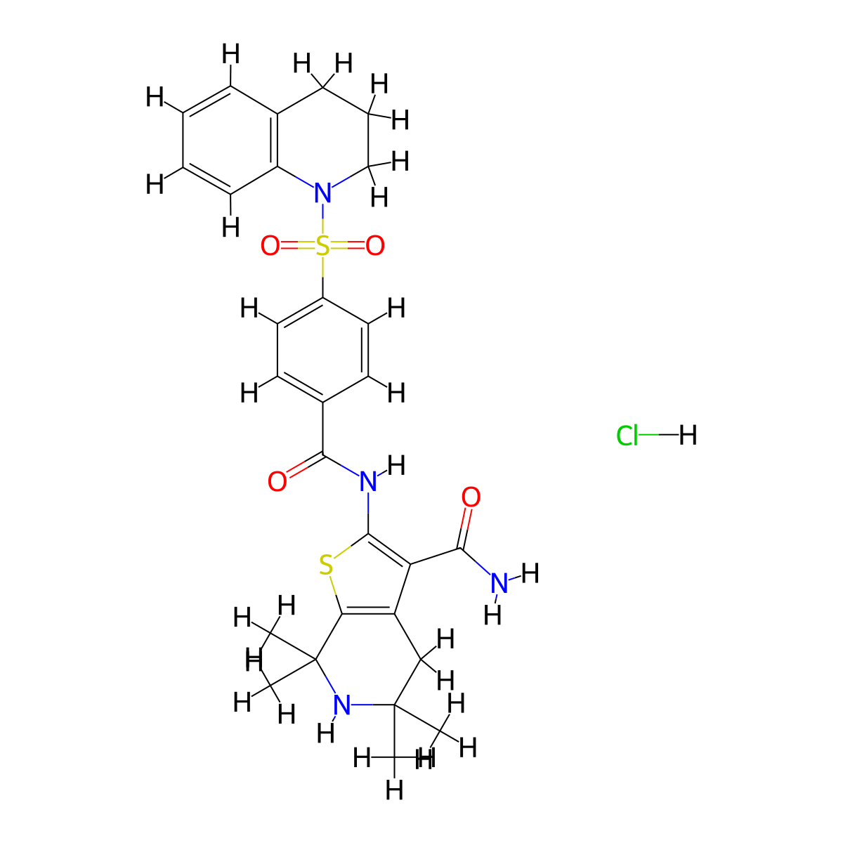2-(4-((3,4-dihydroquinolin-1(2H)-yl)sulfonyl)benzamido)-5,5,7,7-tetramethyl-4,5,6,7-tetrahydrothieno[2,3-c]pyridine-3-carboxamide hydrochloride molecular structure, CAS 1215720-44-7