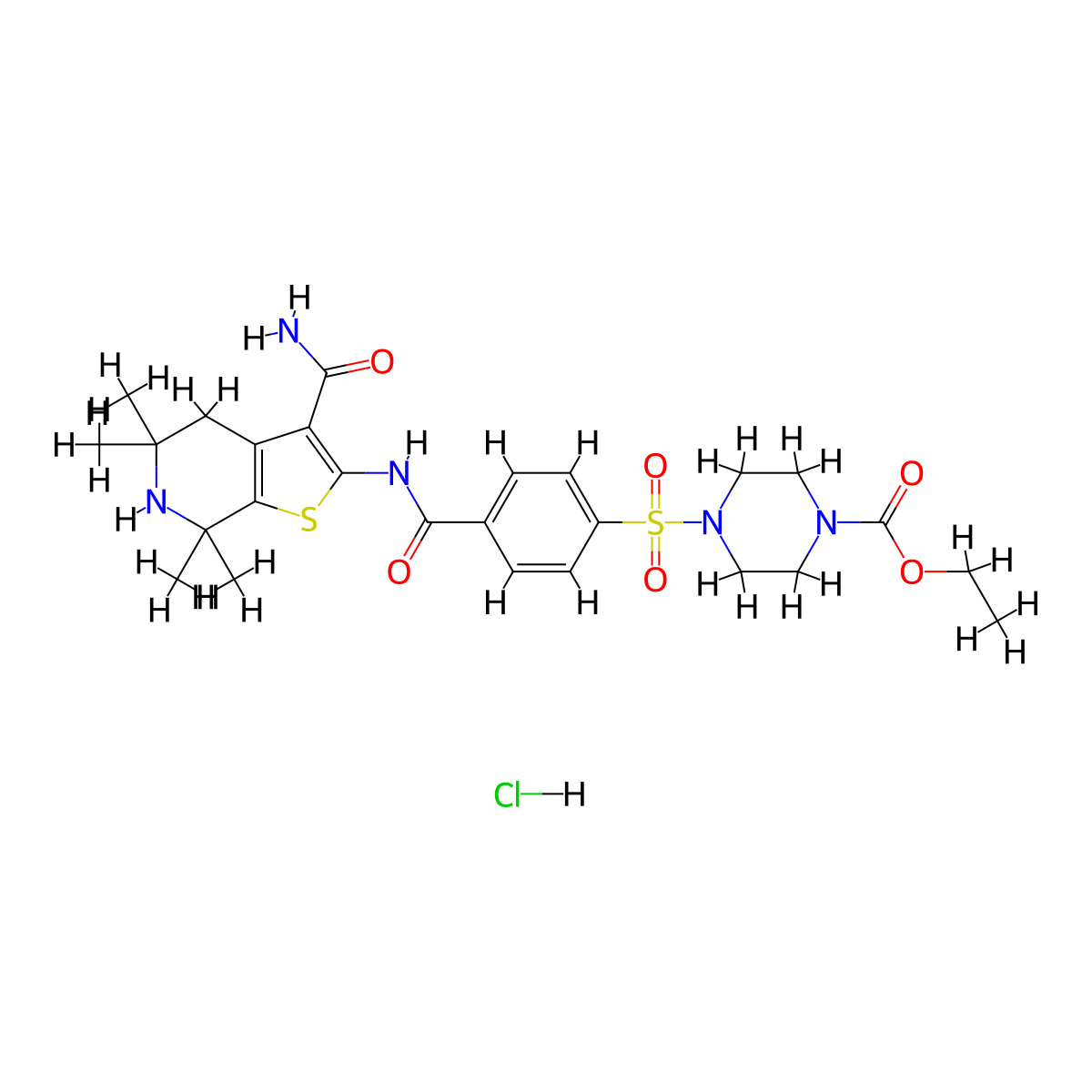 Ethyl 4-((4-((3-carbamoyl-5,5,7,7-tetramethyl-4,5,6,7-tetrahydrothieno[2,3-c]pyridin-2-yl)carbamoyl)phenyl)sulfonyl)piperazine-1-carboxylate hydrochloride molecular structure, CAS 1215734-69-2