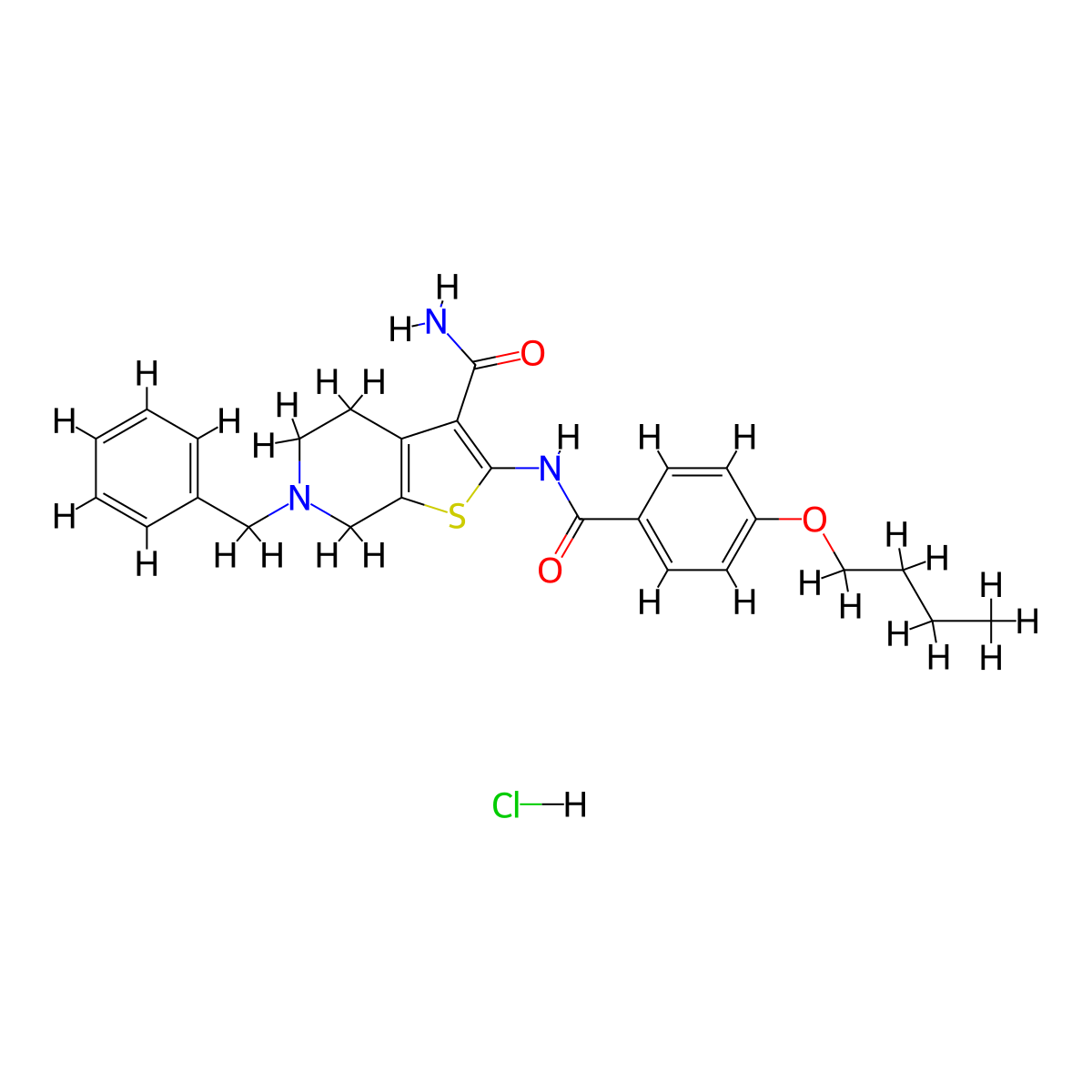 6-Benzyl-2-(4-butoxybenzamido)-4,5,6,7-tetrahydrothieno[2,3-c]pyridine-3-carboxamide hydrochloride molecular structure, CAS 1215735-42-4