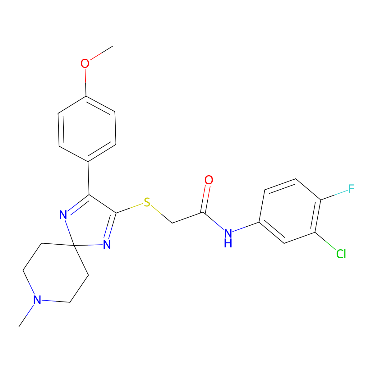 N-(3-chloro-4-fluorophenyl)-2-((3-(4-methoxyphenyl)-8-methyl-1,4,8-triazaspiro[4.5]deca-1,3-dien-2-yl)thio)acetamide molecular structure, CAS 1215735-96-8