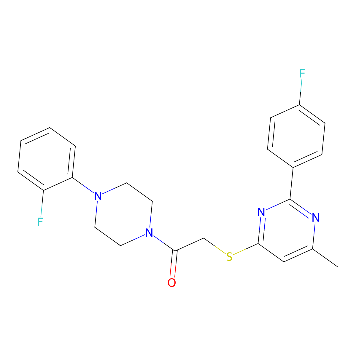2-((2-(4-Fluorophenyl)-6-methylpyrimidin-4-yl)thio)-1-(4-(2-fluorophenyl)piperazin-1-yl)ethanone molecular structure, CAS 1215744-32-3