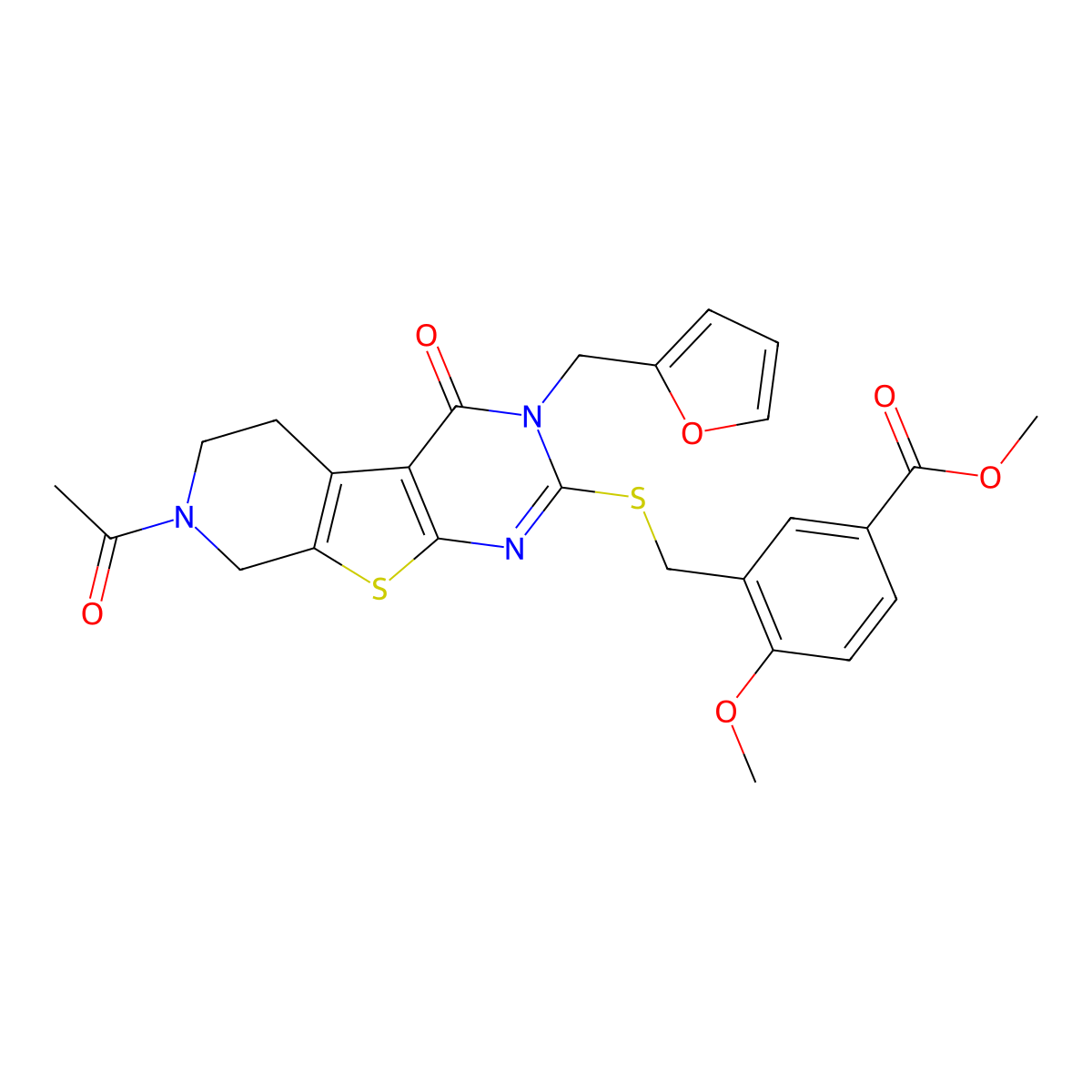 Methyl 3-[({11-acetyl-4-[(furan-2-yl)methyl]-3-oxo-8-thia-4,6,11-triazatricyclo[7.4.0.0^{2,7}]trideca-1(9),2(7),5-trien-5-yl}sulfanyl)methyl]-4-methoxybenzoate molecular structure, CAS 1215744-66-3