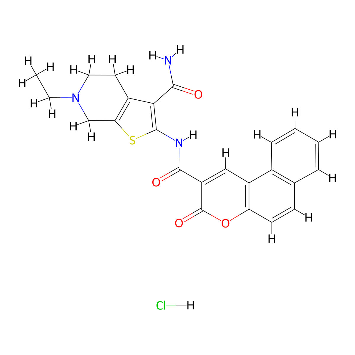 6-ethyl-2-(3-oxo-3H-benzo[f]chromene-2-carboxamido)-4,5,6,7-tetrahydrothieno[2,3-c]pyridine-3-carboxamide hydrochloride molecular structure, CAS 1215746-35-2