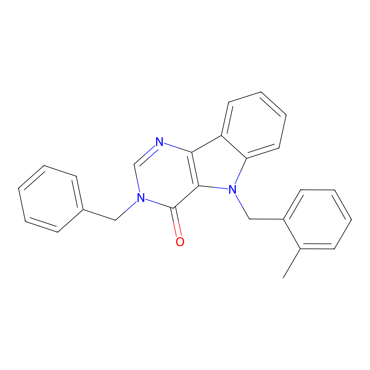 3-benzyl-5-(2-methylbenzyl)-3H-pyrimido[5,4-b]indol-4(5H)-one molecular structure, CAS 1215747-77-5