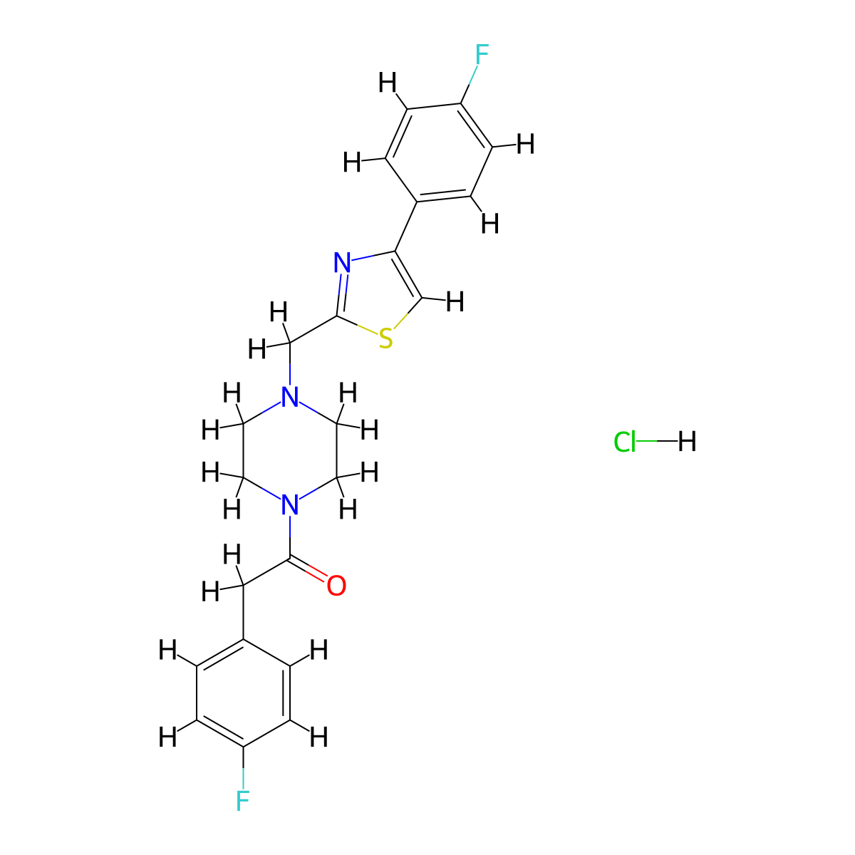 2-(4-Fluorophenyl)-1-(4-((4-(4-fluorophenyl)thiazol-2-yl)methyl)piperazin-1-yl)ethanone hydrochloride molecular structure, CAS 1215748-66-5