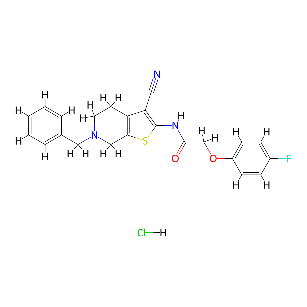 N-(6-benzyl-3-cyano-4,5,6,7-tetrahydrothieno[2,3-c]pyridin-2-yl)-2-(4-fluorophenoxy)acetamide hydrochloride molecular structure, CAS 1215750-88-1