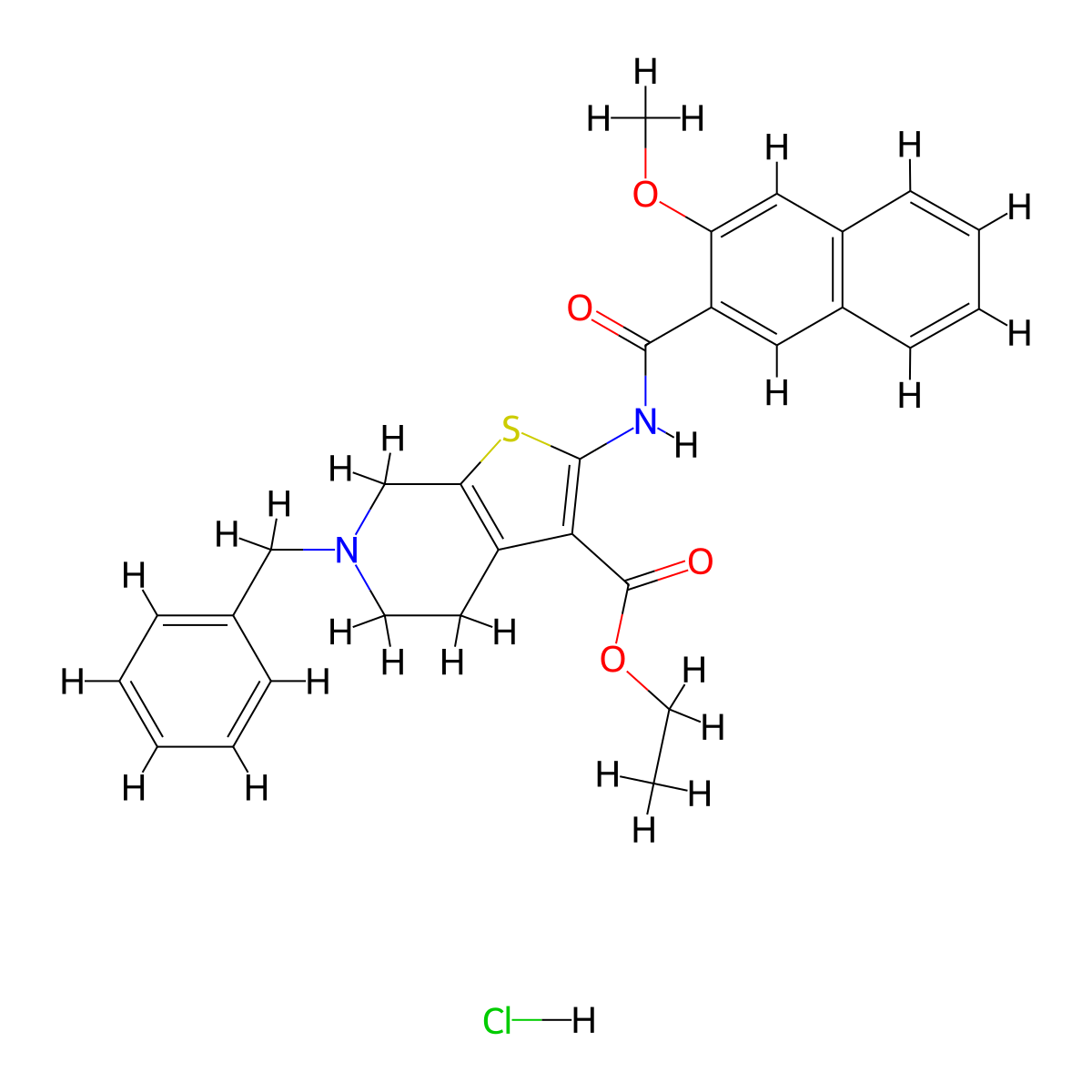 Ethyl 6-benzyl-2-(3-methoxy-2-naphthamido)-4,5,6,7-tetrahydrothieno[2,3-c]pyridine-3-carboxylate hydrochloride molecular structure, CAS 1215750-95-0