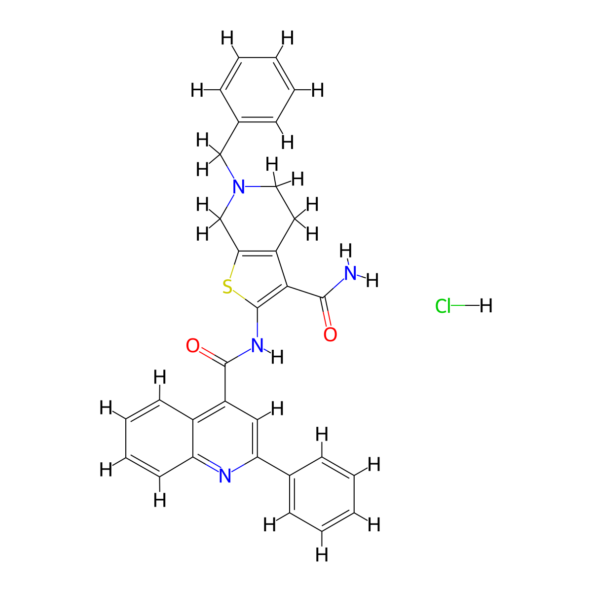 6-Benzyl-2-(2-phenylquinoline-4-carboxamido)-4,5,6,7-tetrahydrothieno[2,3-c]pyridine-3-carboxamide hydrochloride molecular structure, CAS 1215753-54-0
