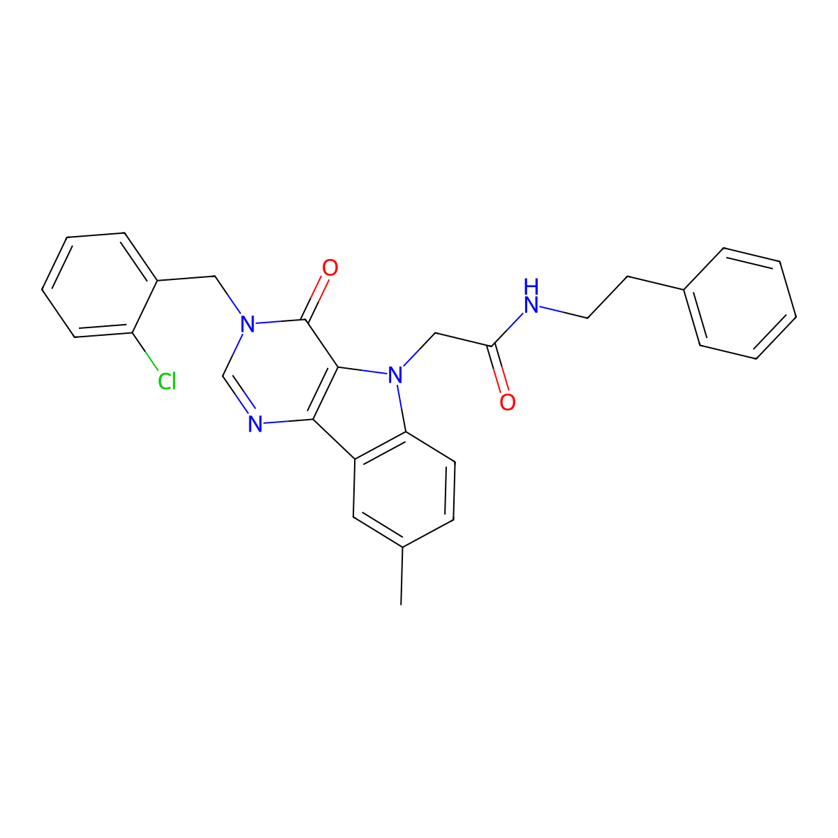 2-(3-(2-chlorobenzyl)-8-methyl-4-oxo-3H-pyrimido[5,4-b]indol-5(4H)-yl)-N-phenethylacetamide molecular structure, CAS 1215758-72-7