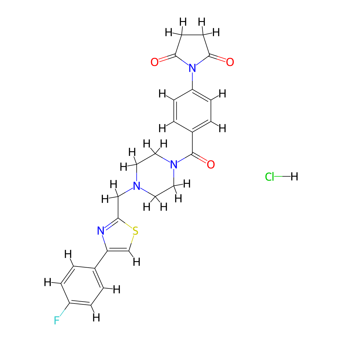 1-(4-(4-((4-(4-Fluorophenyl)thiazol-2-yl)methyl)piperazine-1-carbonyl)phenyl)pyrrolidine-2,5-dione hydrochloride molecular structure, CAS 1215759-13-9