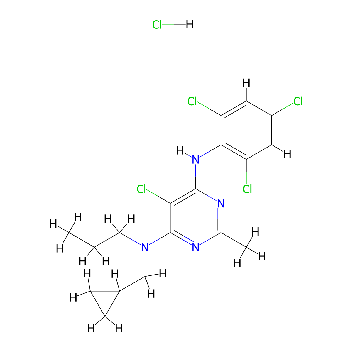 5-Chloro-4-(N-(cyclopropyl)methyl-N-propylamino)-2-methyl-6-(2,4,6-trichlorophenyl)aminopyridine molecular structure, CAS 1215766-76-9