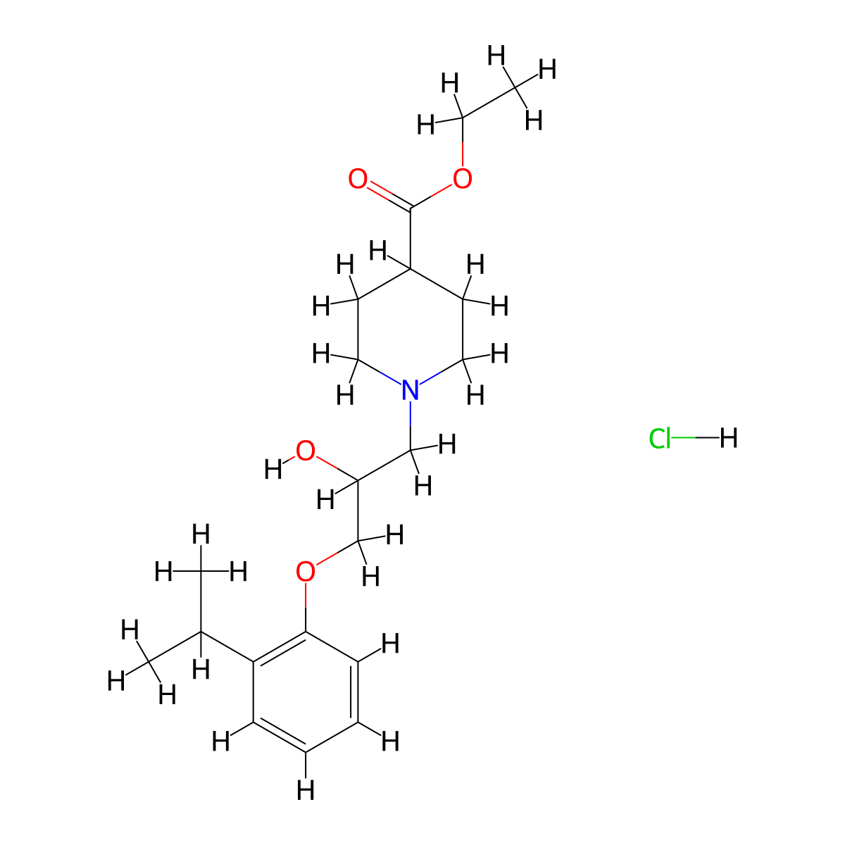 Ethyl 1-(2-hydroxy-3-(2-isopropylphenoxy)propyl)piperidine-4-carboxylate hydrochloride molecular structure, CAS 1215777-06-2