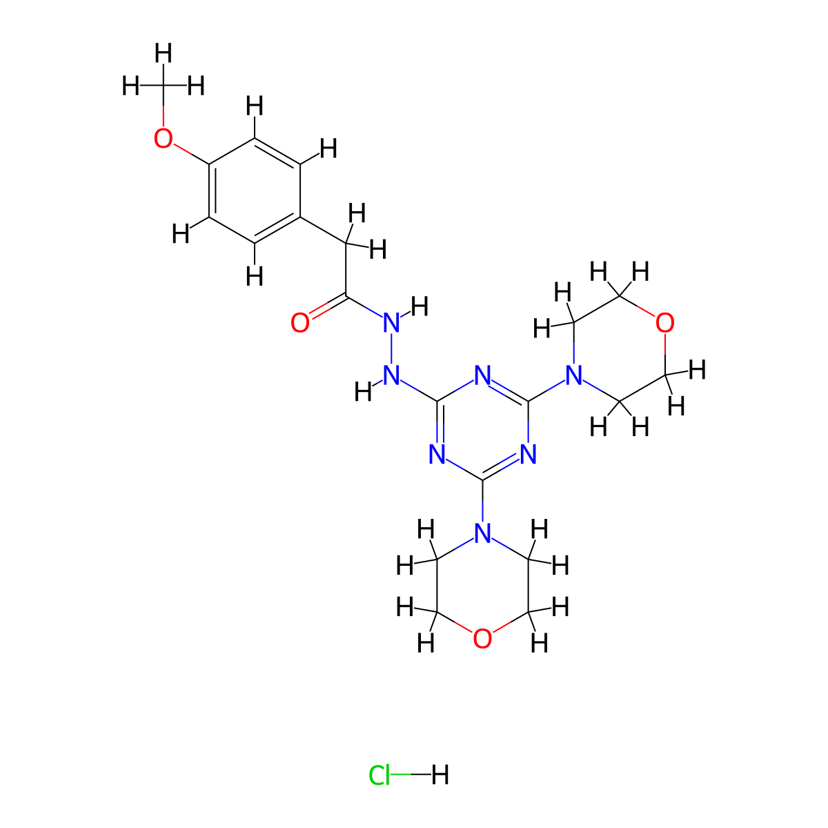 N'-(4,6-dimorpholino-1,3,5-triazin-2-yl)-2-(4-methoxyphenyl)acetohydrazide hydrochloride molecular structure, CAS 1215781-06-8
