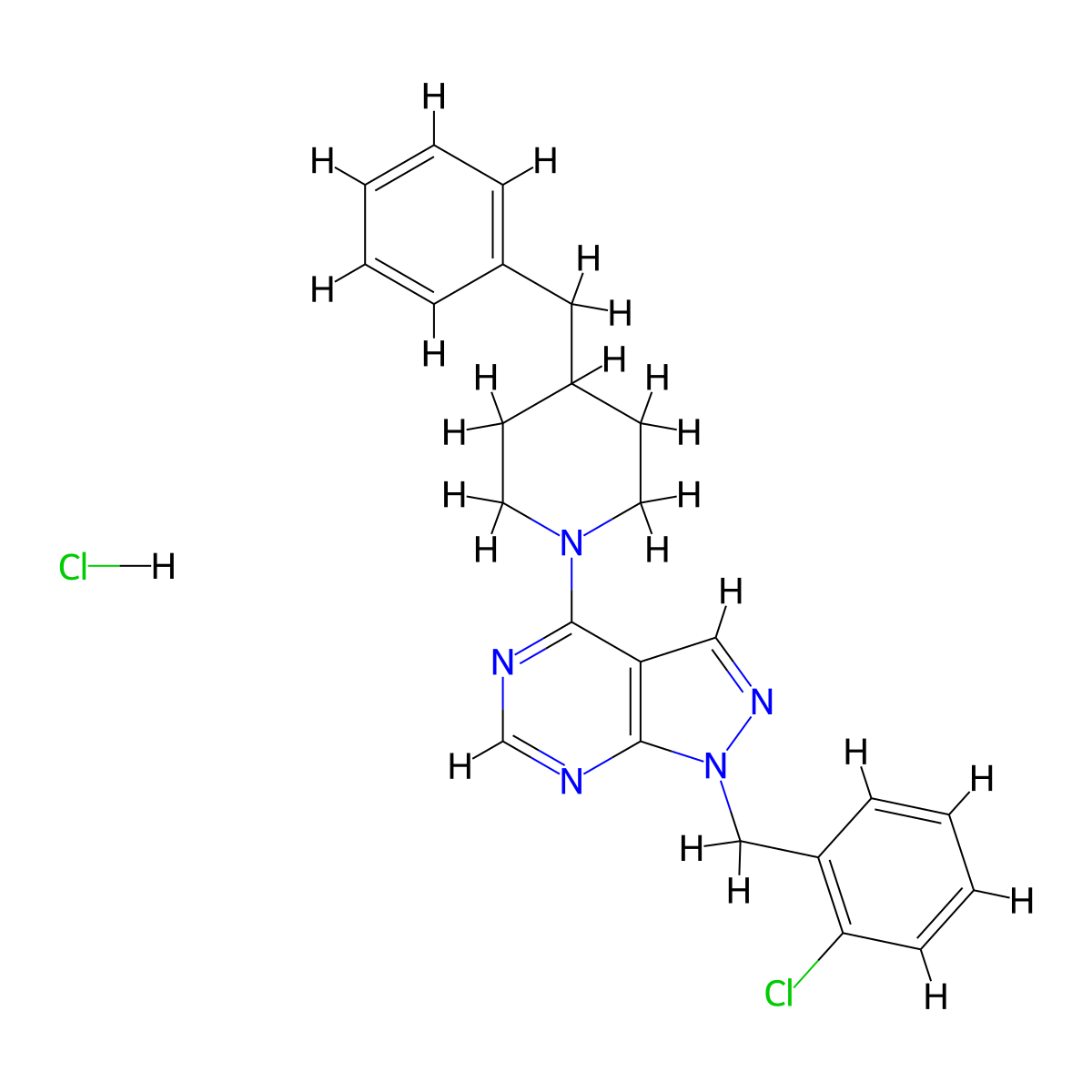 4-benzyl-1-{1-[(2-chlorophenyl)methyl]-1H-pyrazolo[3,4-d]pyrimidin-4-yl}piperidine hydrochloride molecular structure, CAS 1215781-71-7