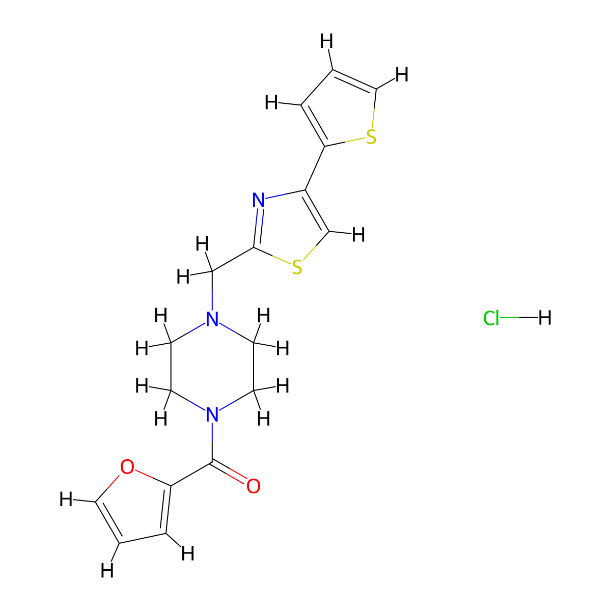 Furan-2-yl(4-((4-(thiophen-2-yl)thiazol-2-yl)methyl)piperazin-1-yl)methanone hydrochloride molecular structure, CAS 1215783-29-1