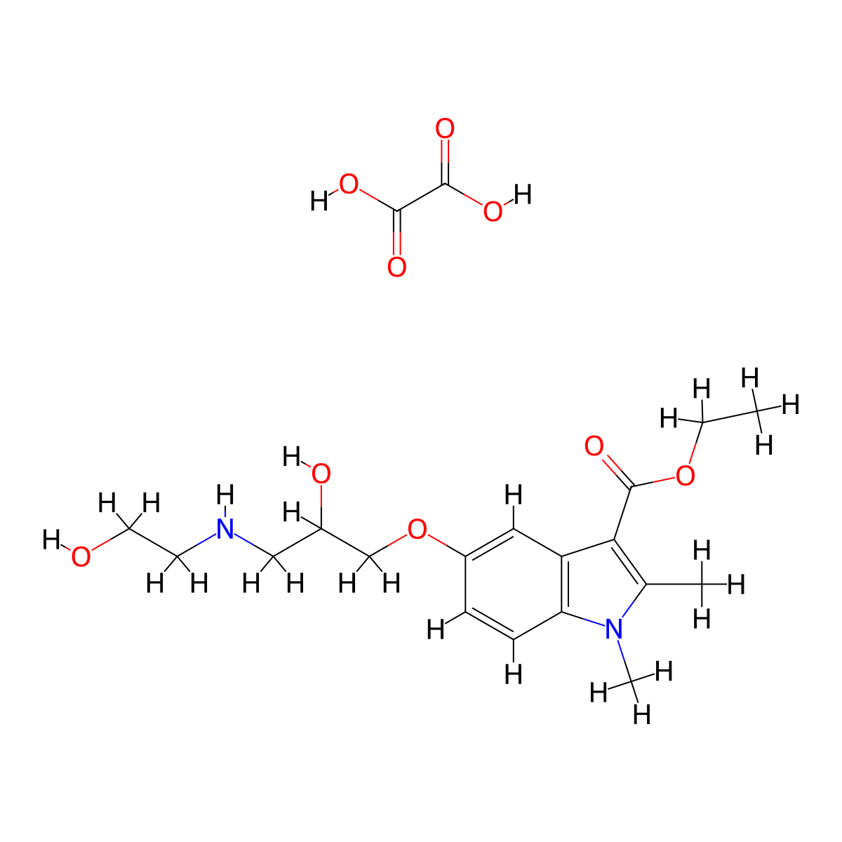 ethyl 5-(2-hydroxy-3-((2-hydroxyethyl)amino)propoxy)-1,2-dimethyl-1H-indole-3-carboxylate oxalate molecular structure, CAS 1215783-68-8