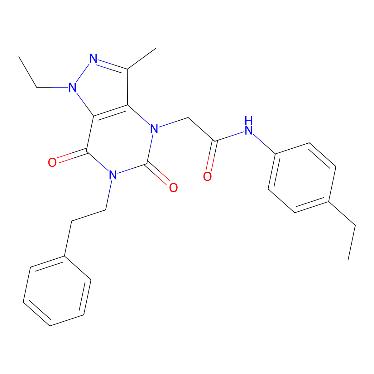 2-(1-ethyl-3-methyl-5,7-dioxo-6-phenethyl-6,7-dihydro-1H-pyrazolo[4,3-d]pyrimidin-4(5H)-yl)-N-(4-ethylphenyl)acetamide molecular structure, CAS 1215790-06-9