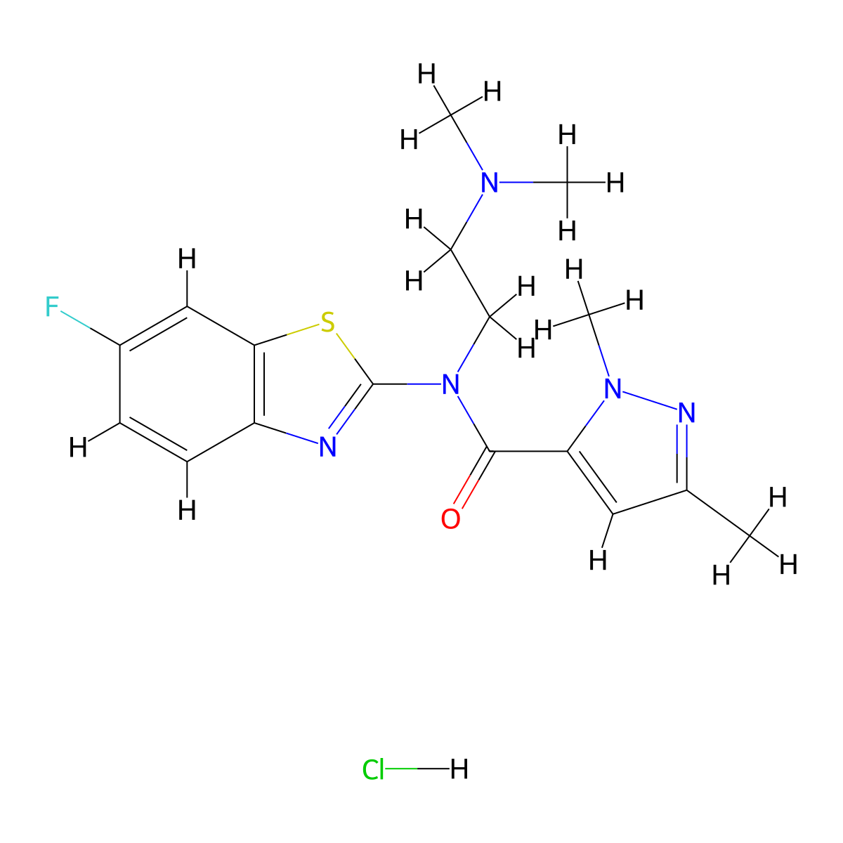 N-(2-(dimethylamino)ethyl)-N-(6-fluorobenzo[d]thiazol-2-yl)-1,3-dimethyl-1H-pyrazole-5-carboxamide hydrochloride molecular structure, CAS 1215791-17-5