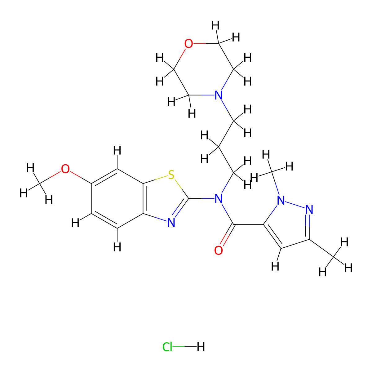 N-(6-methoxybenzo[d]thiazol-2-yl)-1,3-dimethyl-N-(3-morpholinopropyl)-1H-pyrazole-5-carboxamide hydrochloride molecular structure, CAS 1215792-16-7