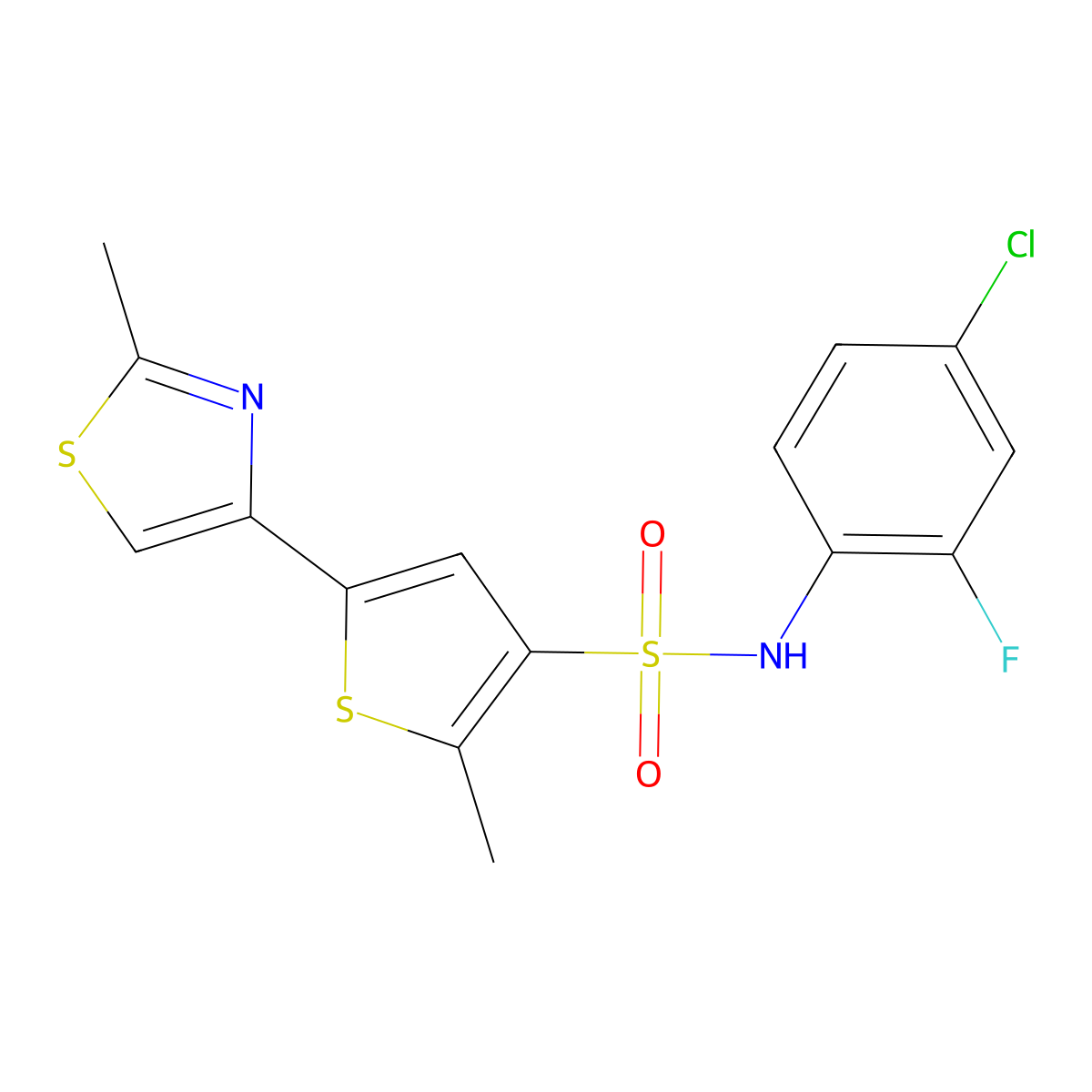 N-(4-chloro-2-fluorophenyl)-2-methyl-5-(2-methyl-1,3-thiazol-4-yl)thiophene-3-sulfonamide molecular structure, CAS 1215797-40-2