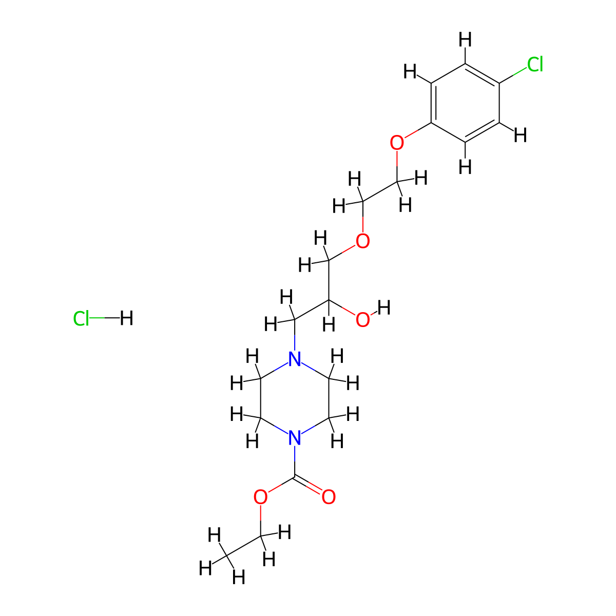 Ethyl 4-{3-[2-(4-chlorophenoxy)ethoxy]-2-hydroxypropyl}piperazine-1-carboxylate hydrochloride molecular structure, CAS 1215799-38-4