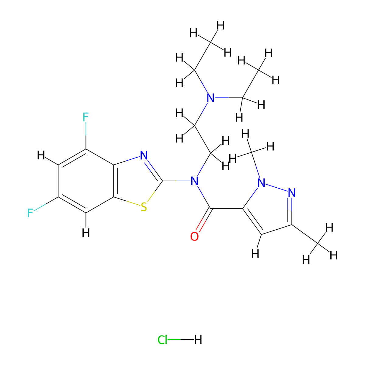 N-(2-(diethylamino)ethyl)-N-(4,6-difluorobenzo[d]thiazol-2-yl)-1,3-dimethyl-1H-pyrazole-5-carboxamide hydrochloride molecular structure, CAS 1215800-00-2
