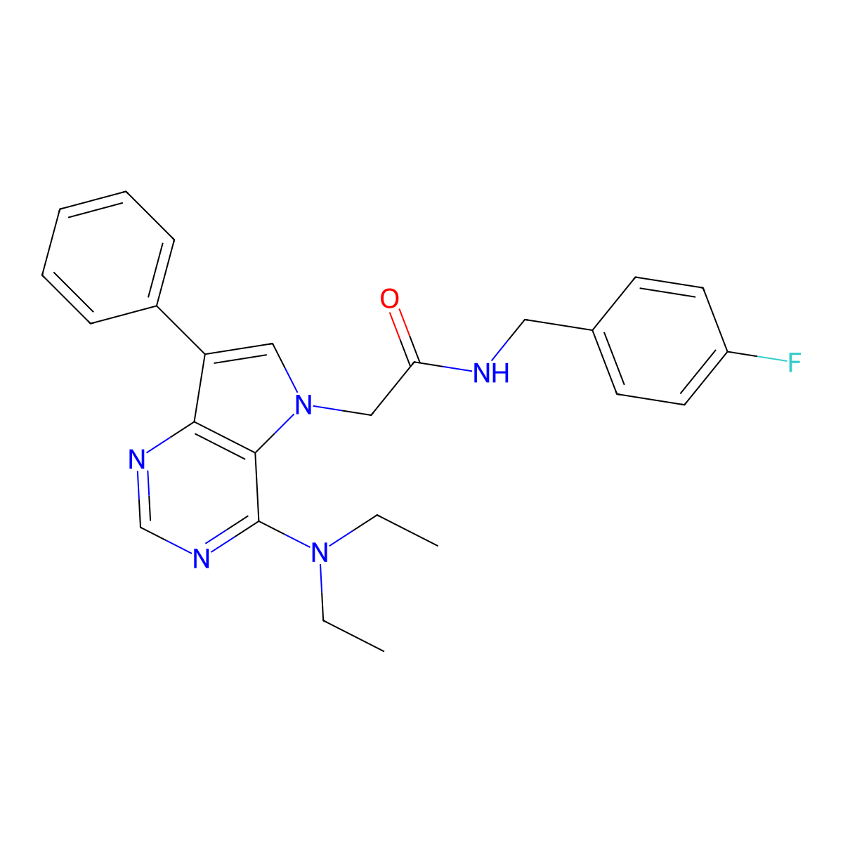 2-[4-(diethylamino)-7-phenyl-5H-pyrrolo[3,2-d]pyrimidin-5-yl]-N-[(4-fluorophenyl)methyl]acetamide molecular structure, CAS 1215803-92-1