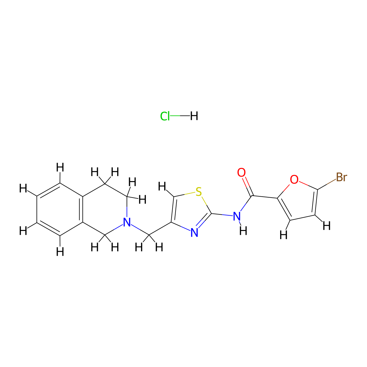 5-bromo-N-(4-((3,4-dihydroisoquinolin-2(1H)-yl)methyl)thiazol-2-yl)furan-2-carboxamide hydrochloride molecular structure, CAS 1215805-89-2