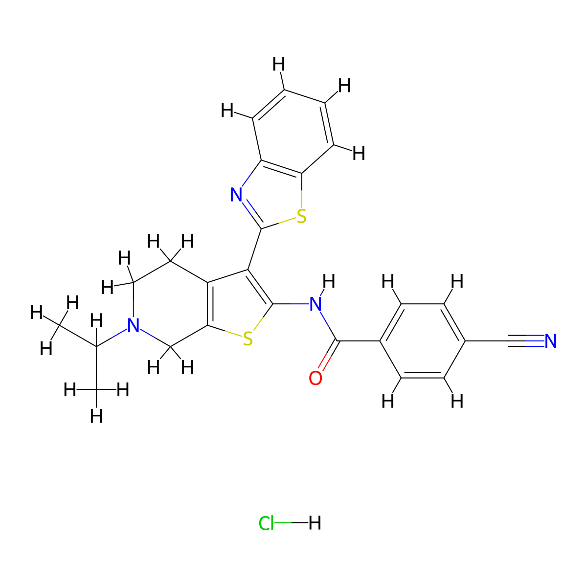 N-(3-(benzo[d]thiazol-2-yl)-6-isopropyl-4,5,6,7-tetrahydrothieno[2,3-c]pyridin-2-yl)-4-cyanobenzamide hydrochloride molecular structure, CAS 1215808-56-2