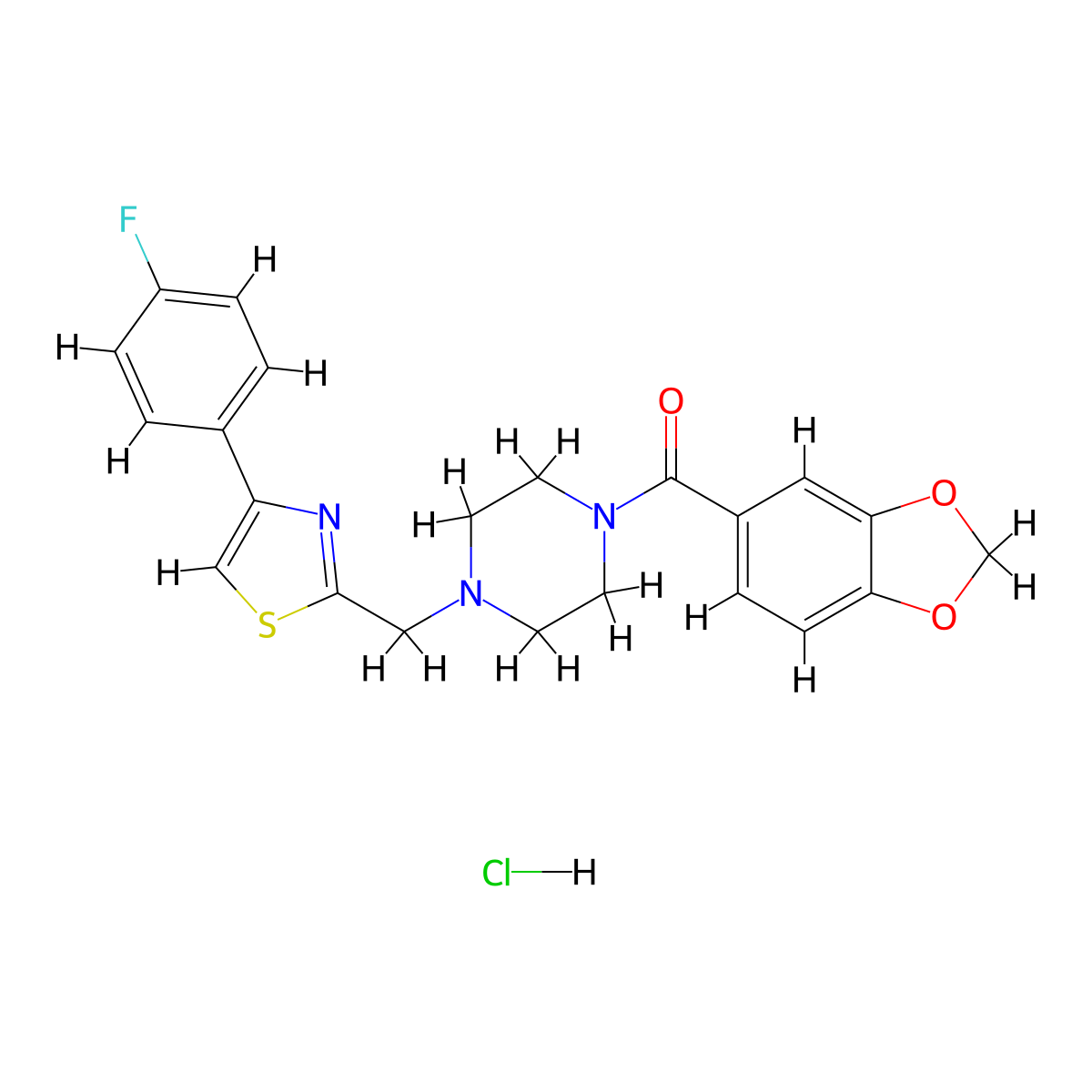 Benzo[d][1,3]dioxol-5-yl(4-((4-(4-fluorophenyl)thiazol-2-yl)methyl)piperazin-1-yl)methanone hydrochloride molecular structure, CAS 1215813-20-9