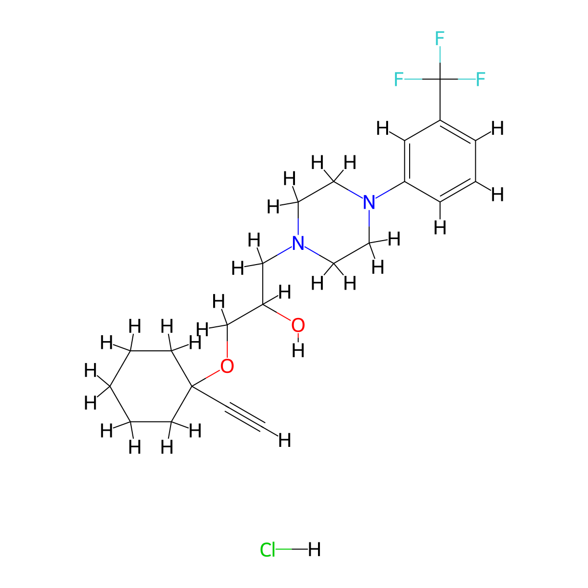 1-((1-Ethynylcyclohexyl)oxy)-3-(4-(3-(trifluoromethyl)phenyl)piperazin-1-yl)propan-2-ol hydrochloride molecular structure, CAS 1215820-04-4
