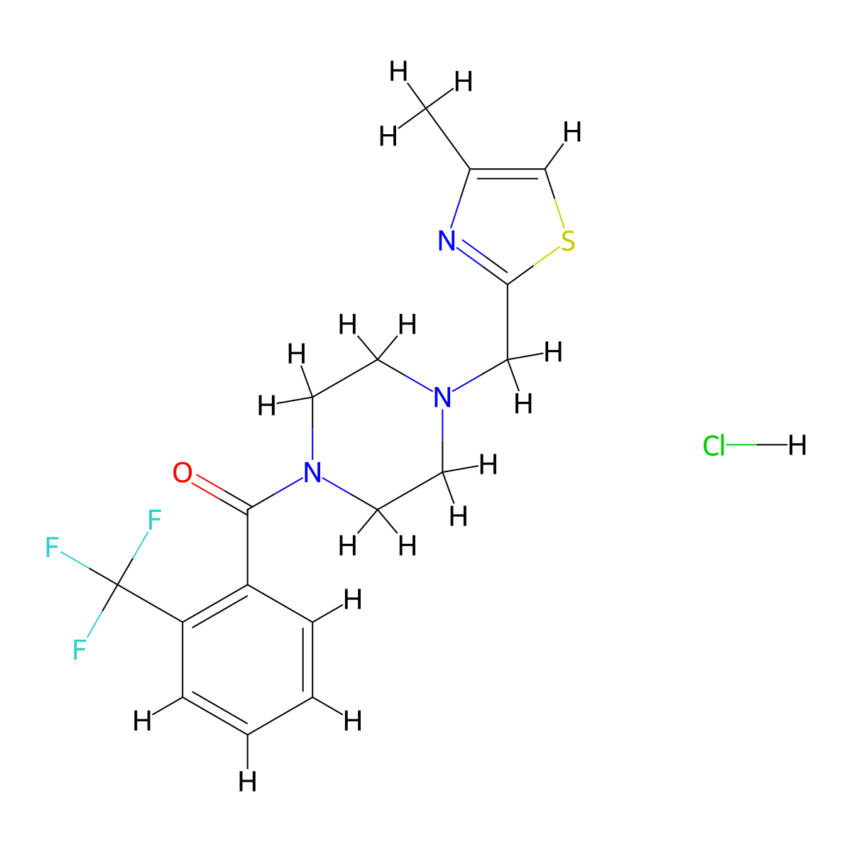 (4-((4-Methylthiazol-2-yl)methyl)piperazin-1-yl)(2-(trifluoromethyl)phenyl)methanone hydrochloride molecular structure, CAS 1215820-95-3