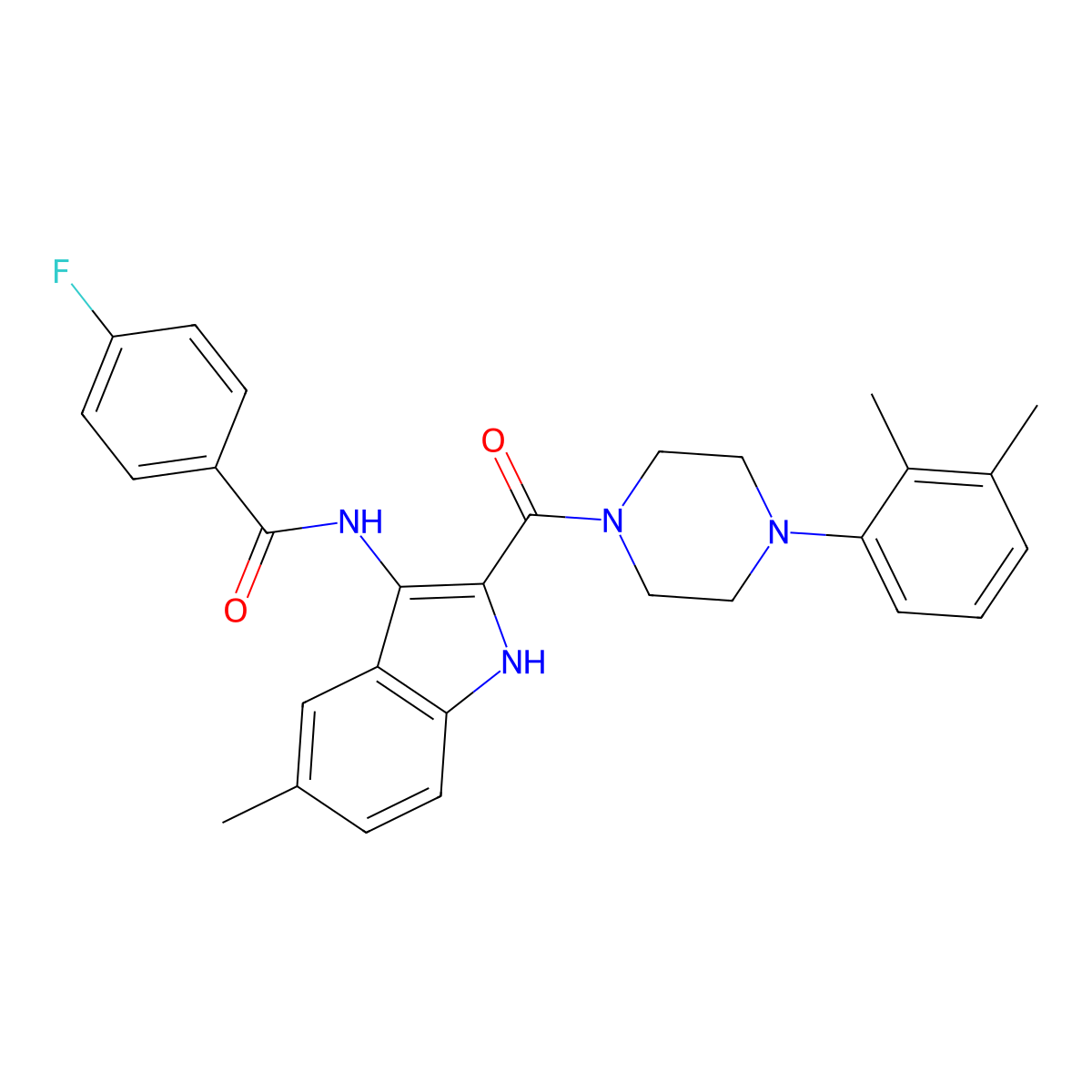 N-{2-[4-(2,3-dimethylphenyl)piperazine-1-carbonyl]-5-methyl-1H-indol-3-yl}-4-fluorobenzamide molecular structure, CAS 1215822-49-3
