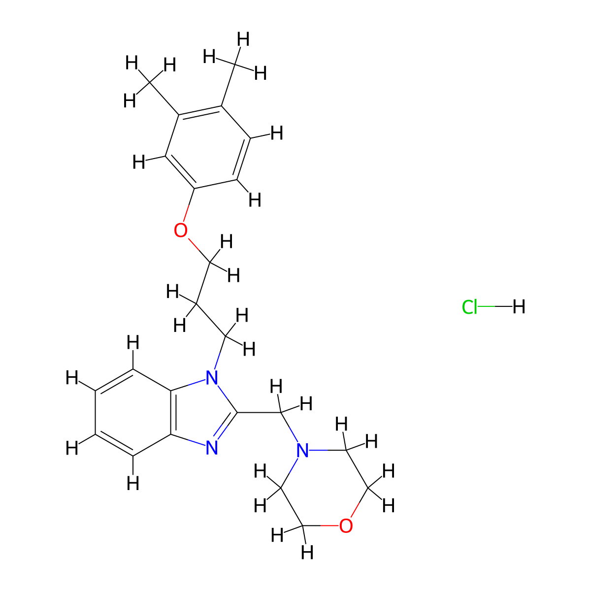 4-((1-(3-(3,4-dimethylphenoxy)propyl)-1H-benzo[d]imidazol-2-yl)methyl)morpholine hydrochloride molecular structure, CAS 1215825-14-1