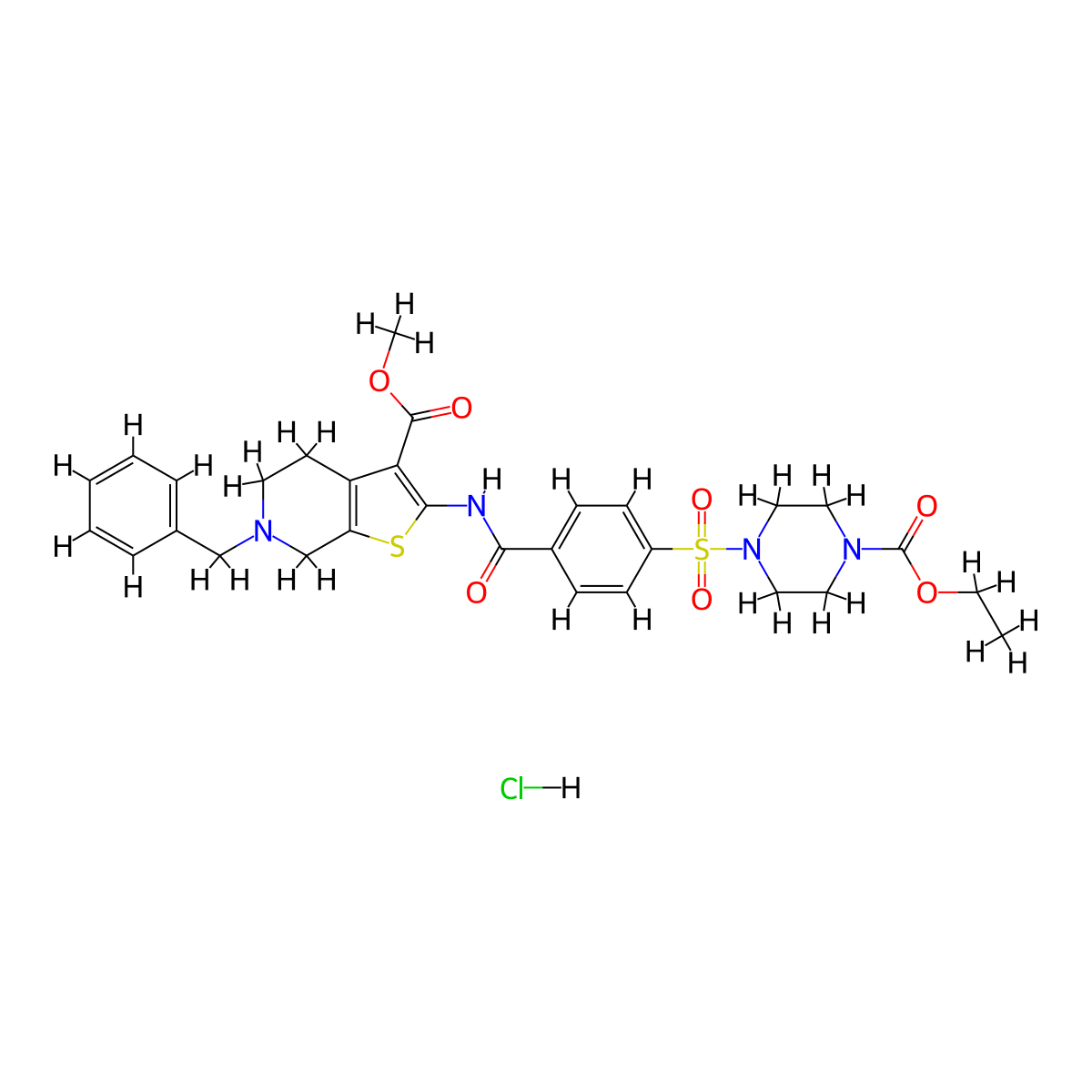 Methyl 6-benzyl-2-(4-((4-(ethoxycarbonyl)piperazin-1-yl)sulfonyl)benzamido)-4,5,6,7-tetrahydrothieno[2,3-c]pyridine-3-carboxylate hydrochloride molecular structure, CAS 1215839-16-9